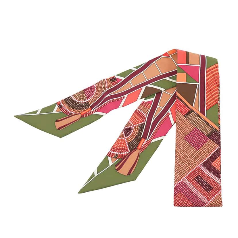 Hermès L Art Indien Des Plaines Silk Twilly Scarf Orange Silk Very good condition - Front View