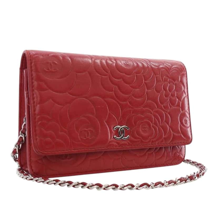 Chanel CC Embossed Lambskin Camellia Wallet On Chain Red Leather Very good condition - Back View