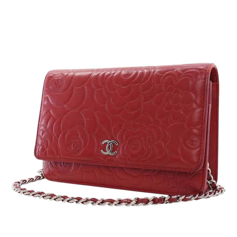 Chanel CC Embossed Lambskin Camellia Wallet On Chain Red Leather Very good condition - Inside View