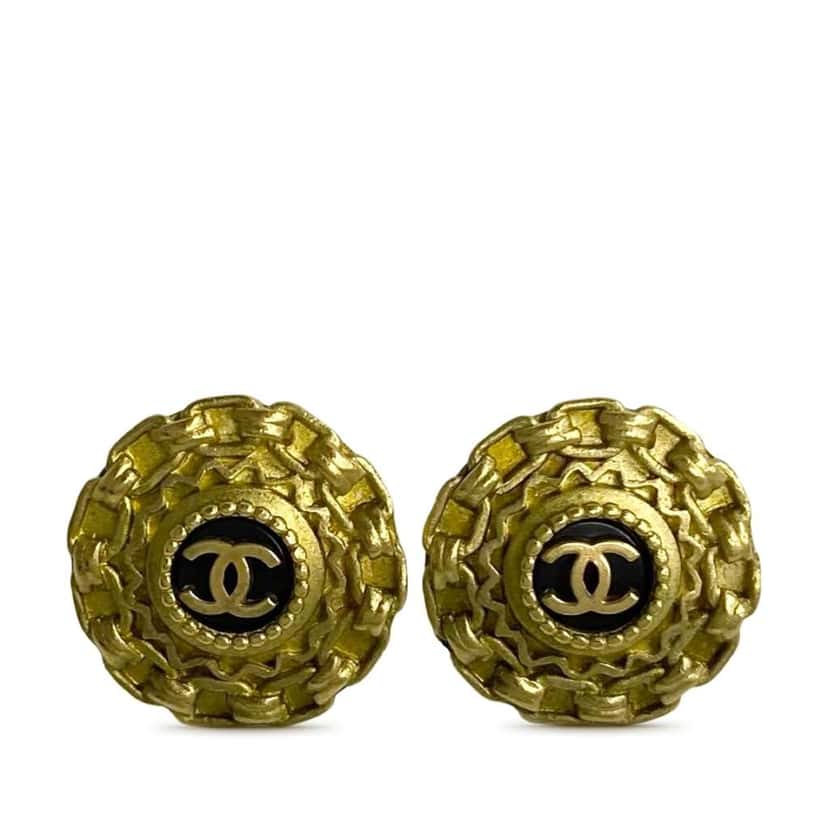 Chanel CC Gold Plated Enamel Round Clip On Earrings Gold Metal Very good condition - Front View