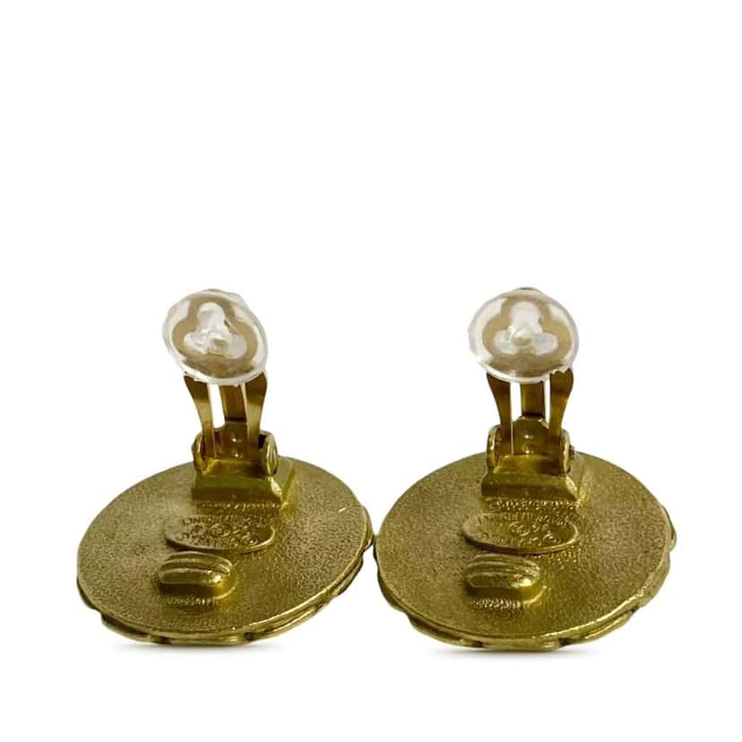 Chanel CC Gold Plated Enamel Round Clip On Earrings Gold Metal Very good condition - Back View