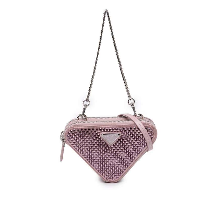 Prada Mini Crystal Embellished Satin and Leather Triangle Pouch Pink Leather Very good condition - Front View