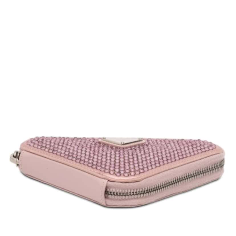 Prada Mini Crystal Embellished Satin and Leather Triangle Pouch Pink Leather Very good condition - Inside View