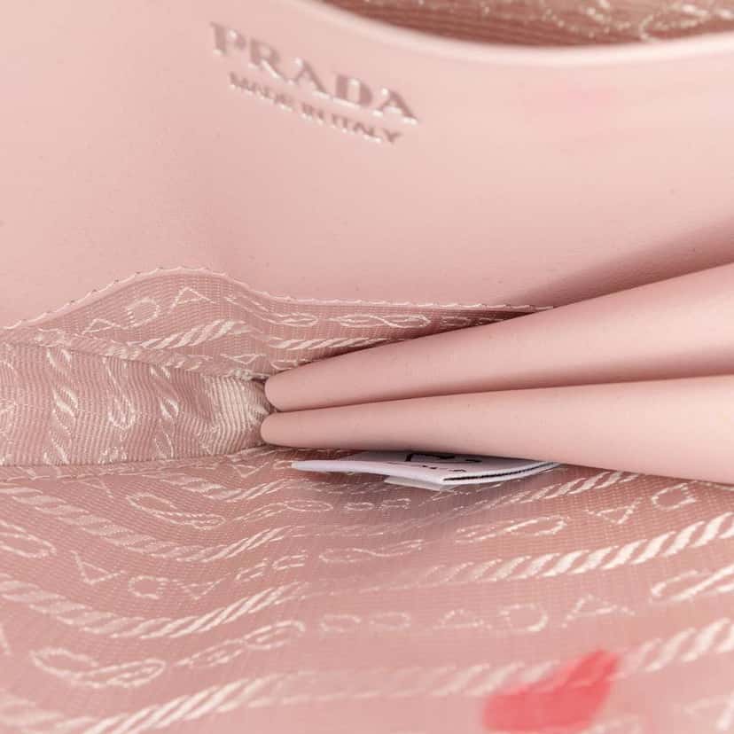 Prada Mini Crystal Embellished Satin and Leather Triangle Pouch Pink Leather Very good condition - Model View