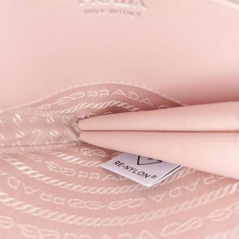 Prada Mini Crystal Embellished Satin and Leather Triangle Pouch Pink Leather Very good condition - Box View