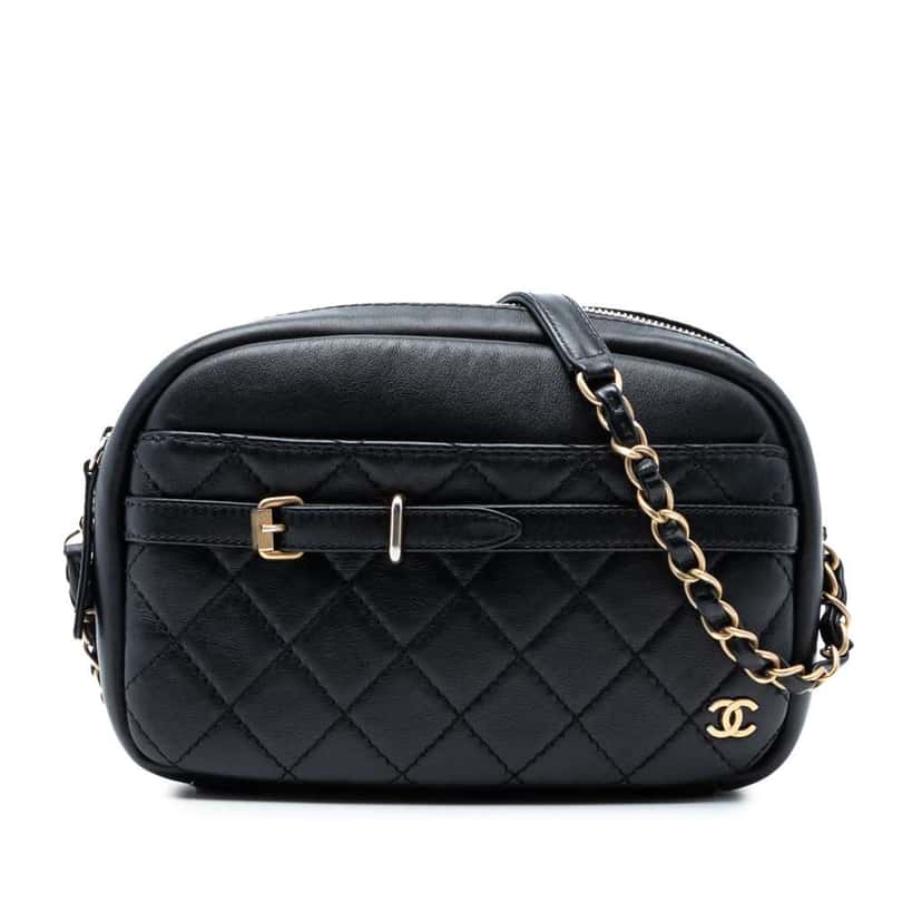 Chanel Small Quilted Lambskin Buckle Camera Bag Black Leather Very good condition - Front View