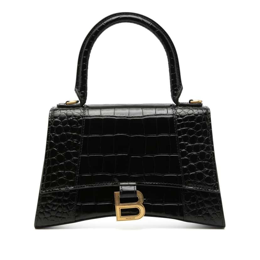 Balenciaga Small Croc Embossed Leather Hourglass Top Handle Bag Black Leather Very good condition - Front View