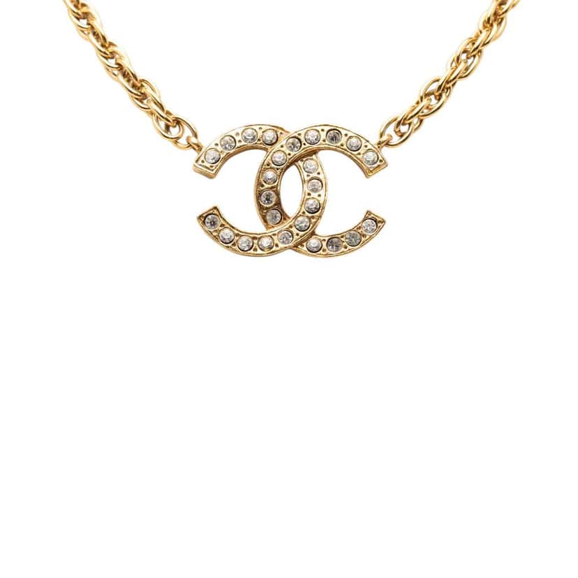Chanel CC Gold Plated Crystal Pendant Necklace Gold Metal Very good condition - Back View
