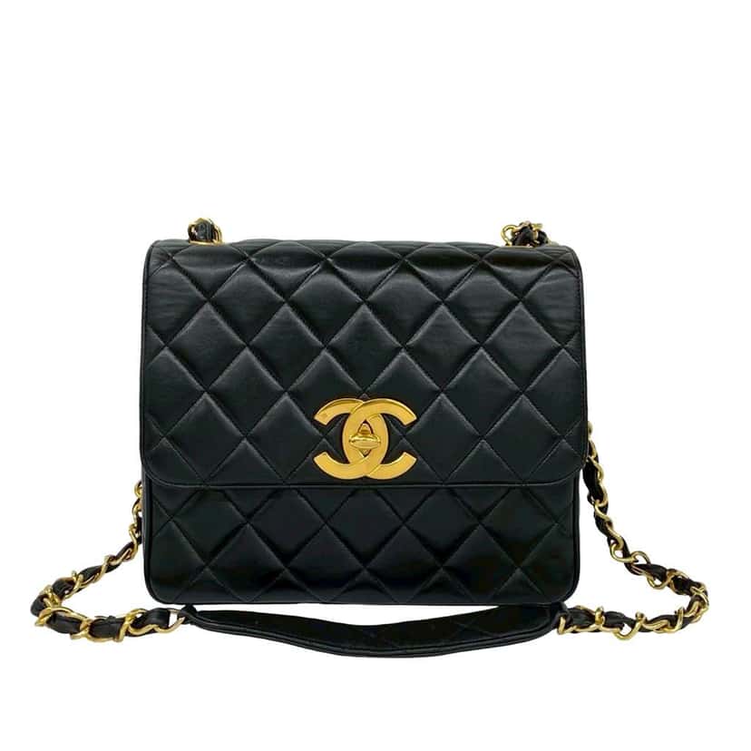 Chanel Square XL Quilted Lambskin Single Flap Black Leather Very good condition - Front View