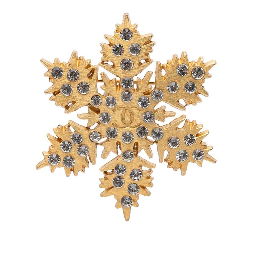 Chanel CC Gold Plated Crystal Snowflake Pin Brooch Gold Metal Very good condition - Front View