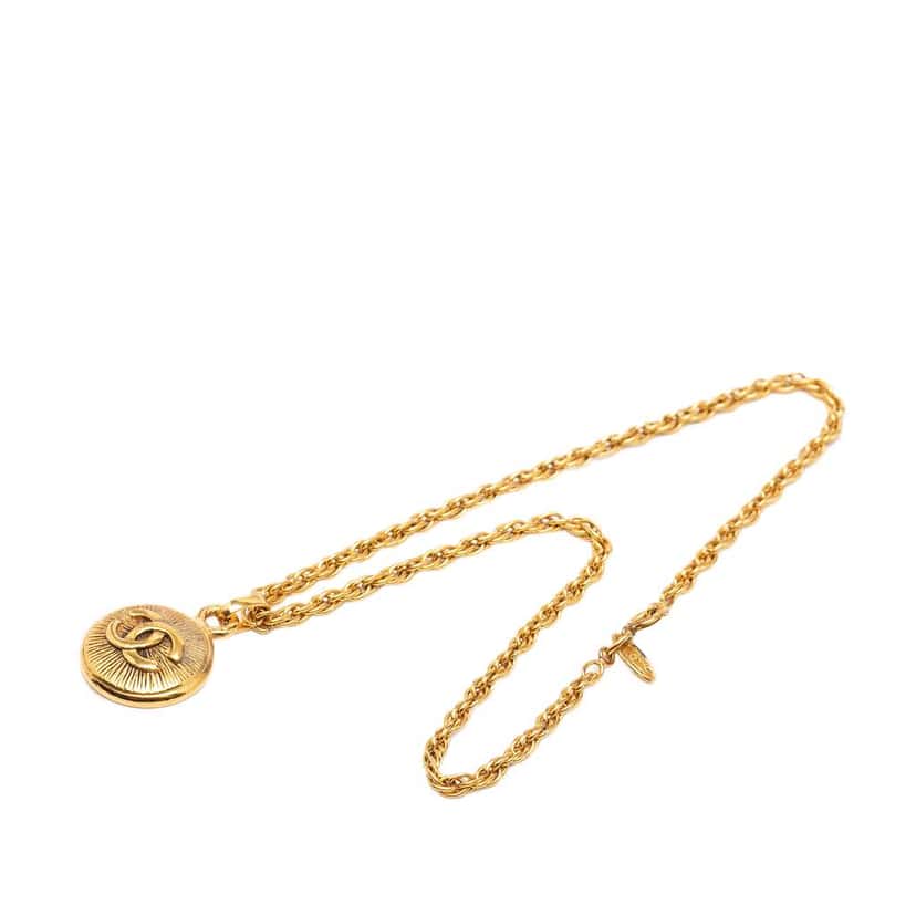 Chanel CC Gold Plated Sunburst Pendant Necklace Gold Metal Very good condition - Box View