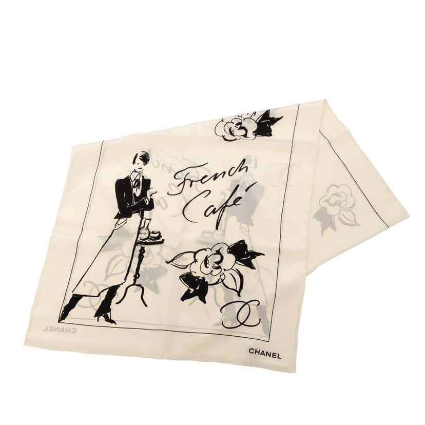 Chanel CC French Cafe Silk Scarf White Silk Very good condition - Front View