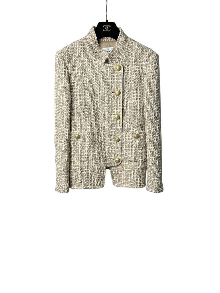 Chanel Classic Tweed Jacket with Pearl Buttons Beige Pearl Very good condition - Front View