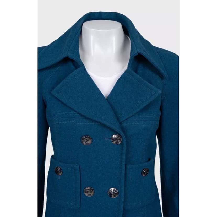Chanel Cropped Double Breasted Coat Blue Silk Good condition - Model View