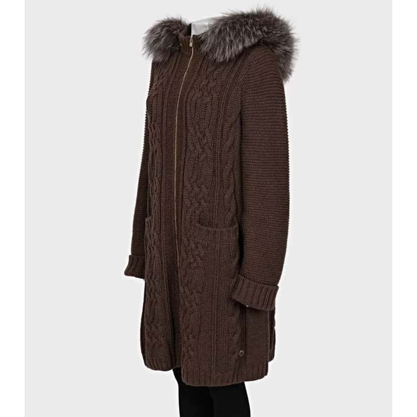 Loro Piana Hooded Trim Cardigan Coat Brown Leather Very good condition - Back View