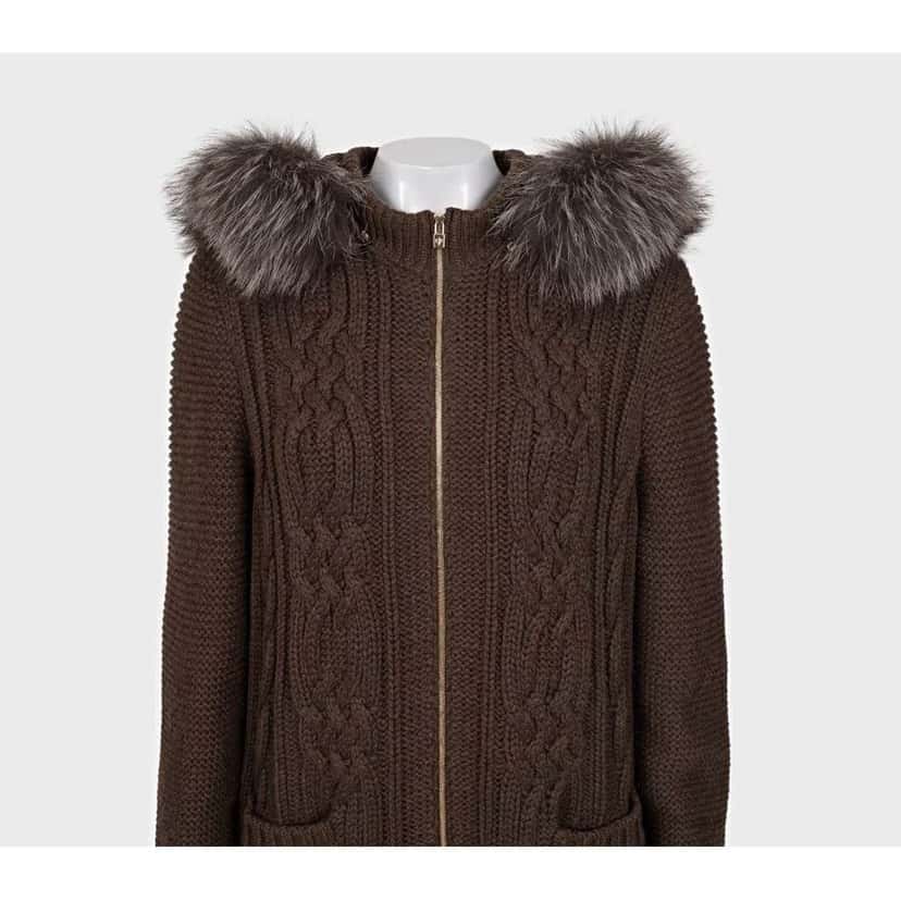 Loro Piana Hooded Trim Cardigan Coat Brown Leather Very good condition - Model View