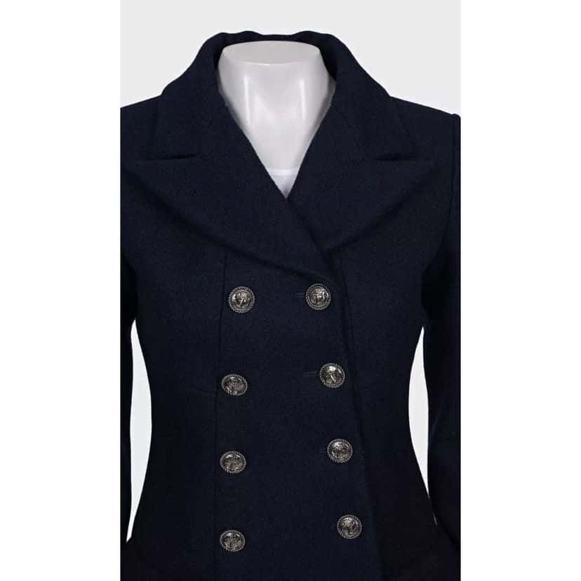 Chanel Double Breasted Coat Blue Silk Very good condition - Model View