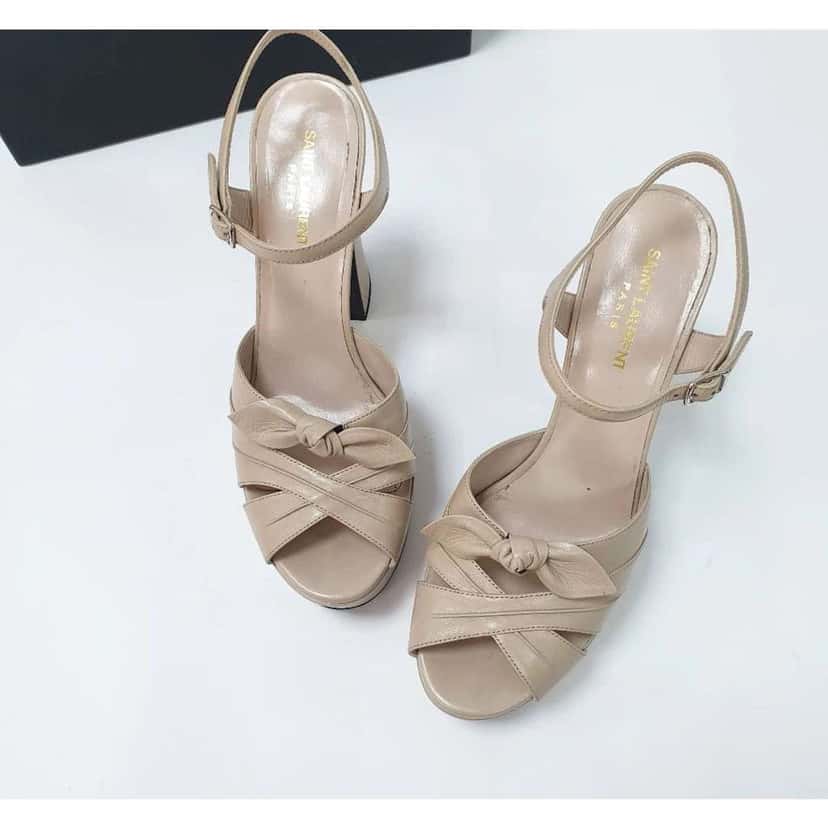 Saint Laurent Candy Bow Platform Sandals Beige Leather Very good condition - Back View