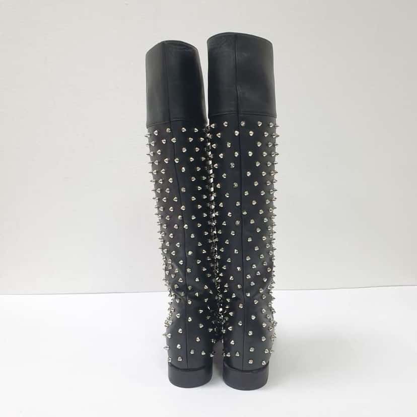 Christian Louboutin Studded Flat Knee Boots Black Leather Very good condition - Back View