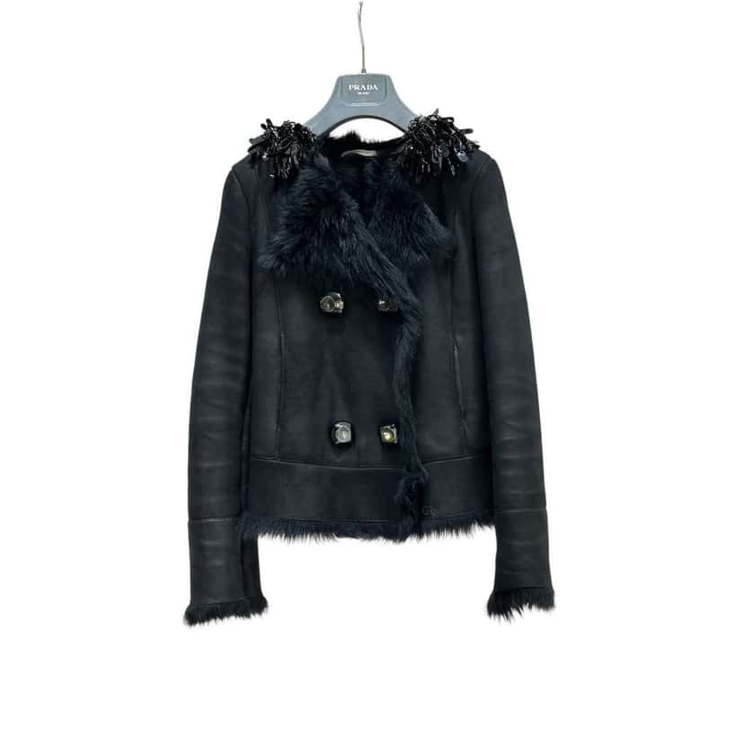 Prada Decorative Collar Coat Black Shearling Very good condition - Inside View