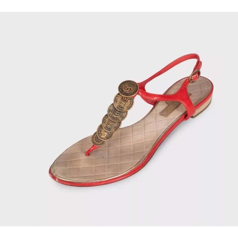 Chanel Block Heel Open Toe Sandals Red Leather Very good condition - Inside View