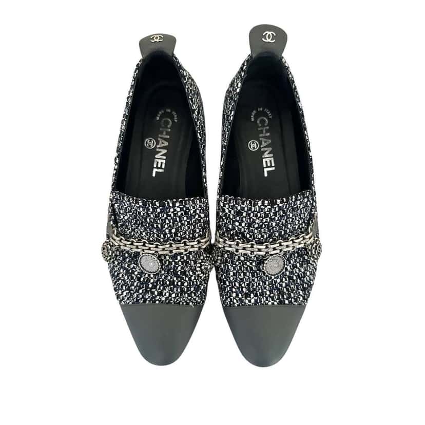 Chanel Chain Cap Toe Loafers Black Tweed Very good condition - Inside View