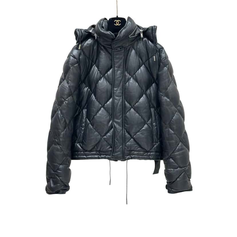 Saint Laurent Hooded Lambskin Down Jacket Black Leather Very good condition - Inside View
