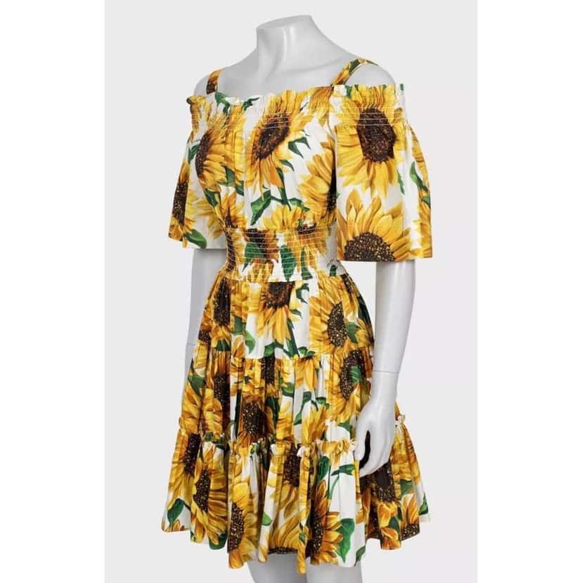 Dolce & Gabbana Off Shoulder Sunflower Print Dress Black Cotton Very good condition - Back View