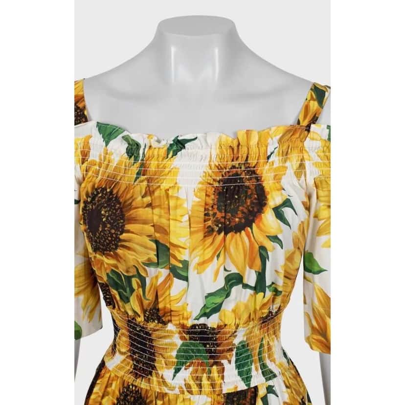 Dolce & Gabbana Off Shoulder Sunflower Print Dress Black Cotton Very good condition - Model View