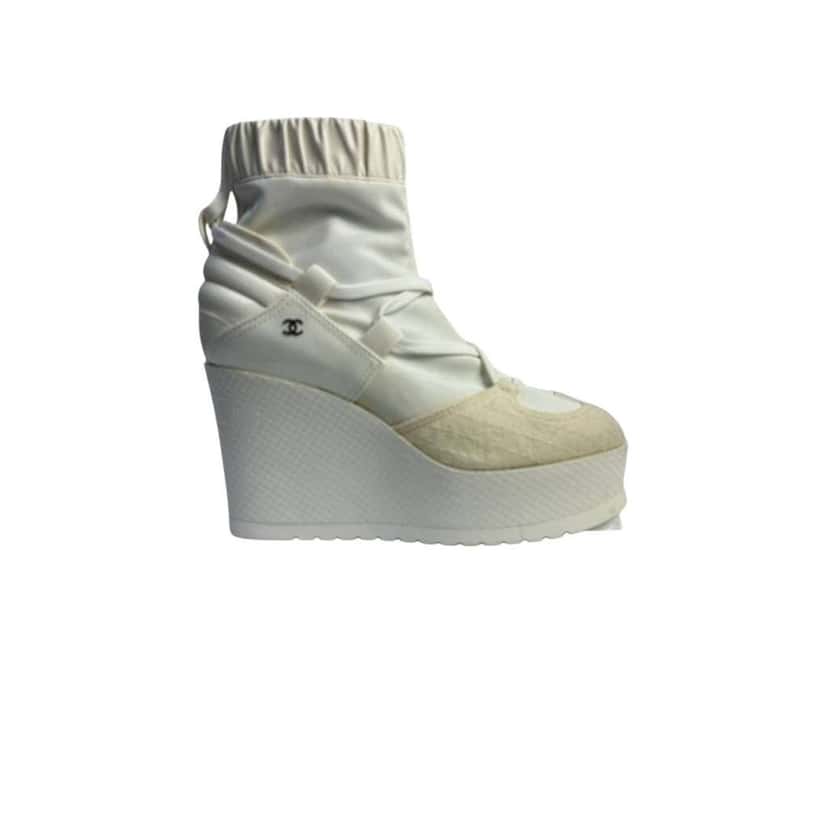 Chanel Off Neoprene Wedge Boots White Leather Very good condition - Back View