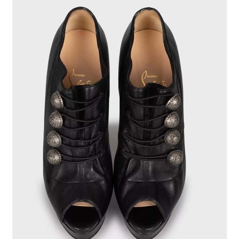 Christian Louboutin Open Toe Button Ankle Boots Black Leather Very good condition - Back View