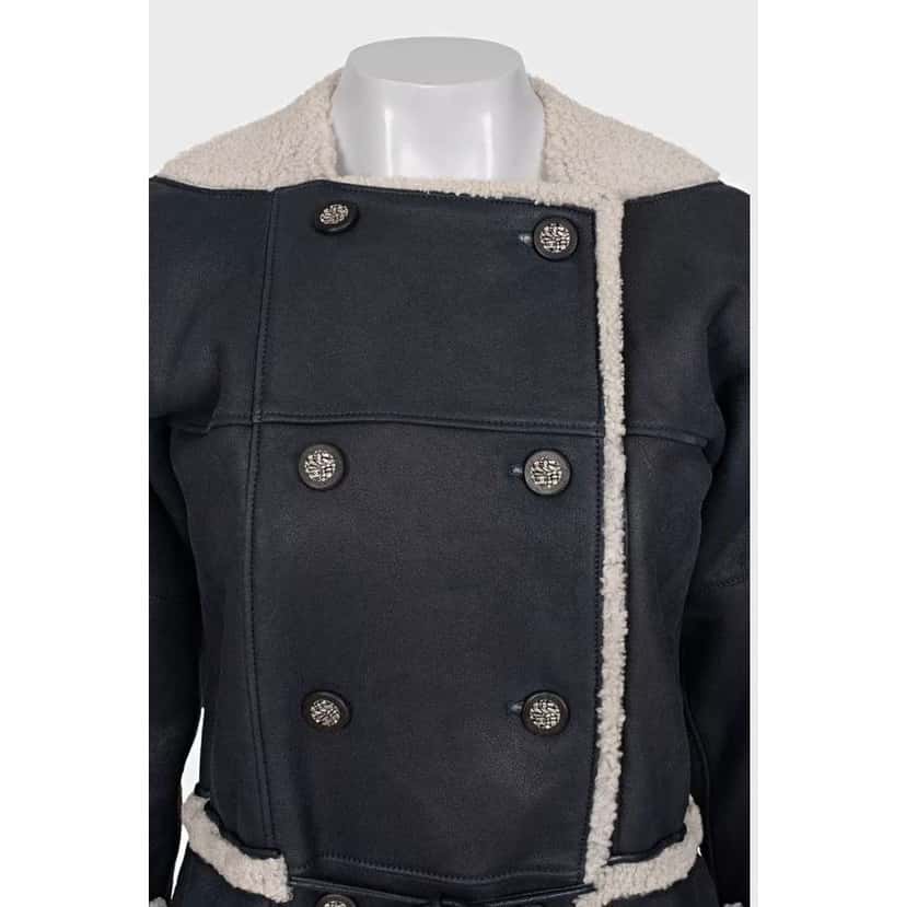 Chanel Lamb Double Breasted Coat Blue Shearling Very good condition - Model View