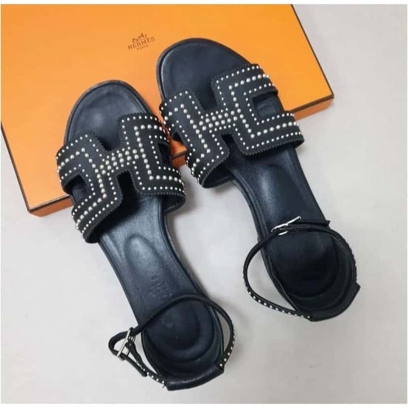 Hermès Hermes Santorini Ankle Wrap Sandals Black Leather Very good condition - Back View