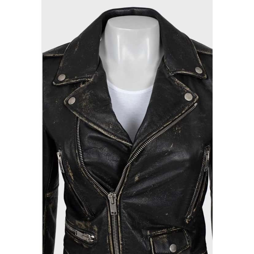 Saint Laurent Distressed Jacket Black Leather Very good condition - Model View