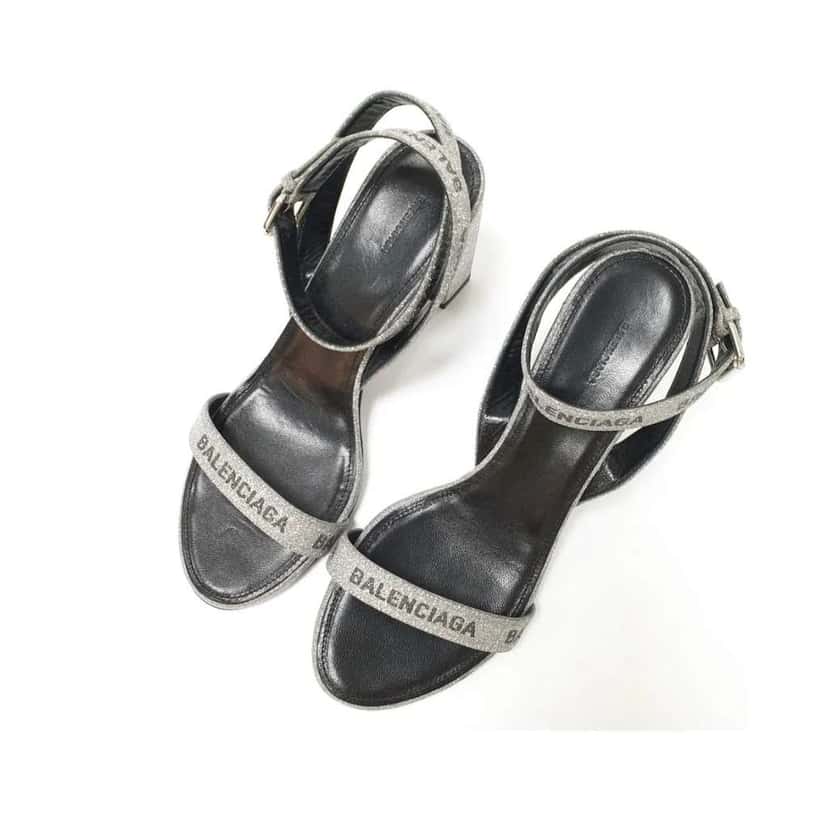 Balenciaga Round Glitter Logo Sandals Black Leather Good condition - Box View