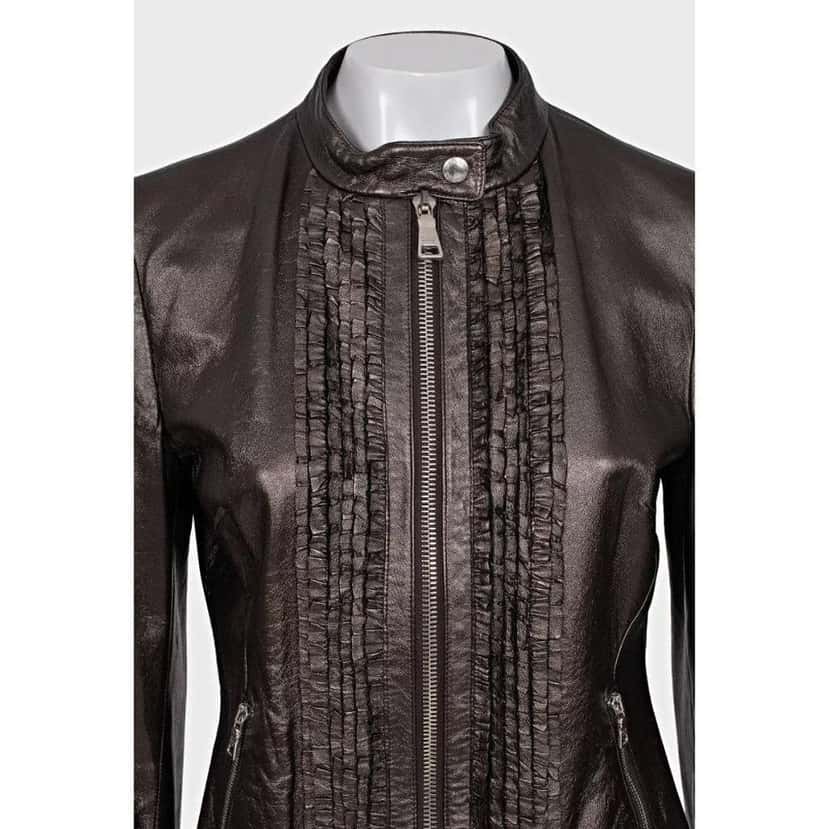 Prada Ruffle Jacket Brown Leather Very good condition - Model View