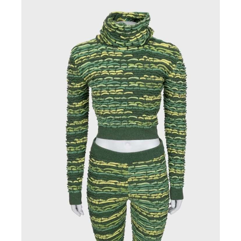 Chanel Cowl Top Pant Suit Set Green Wool Good condition - Box View