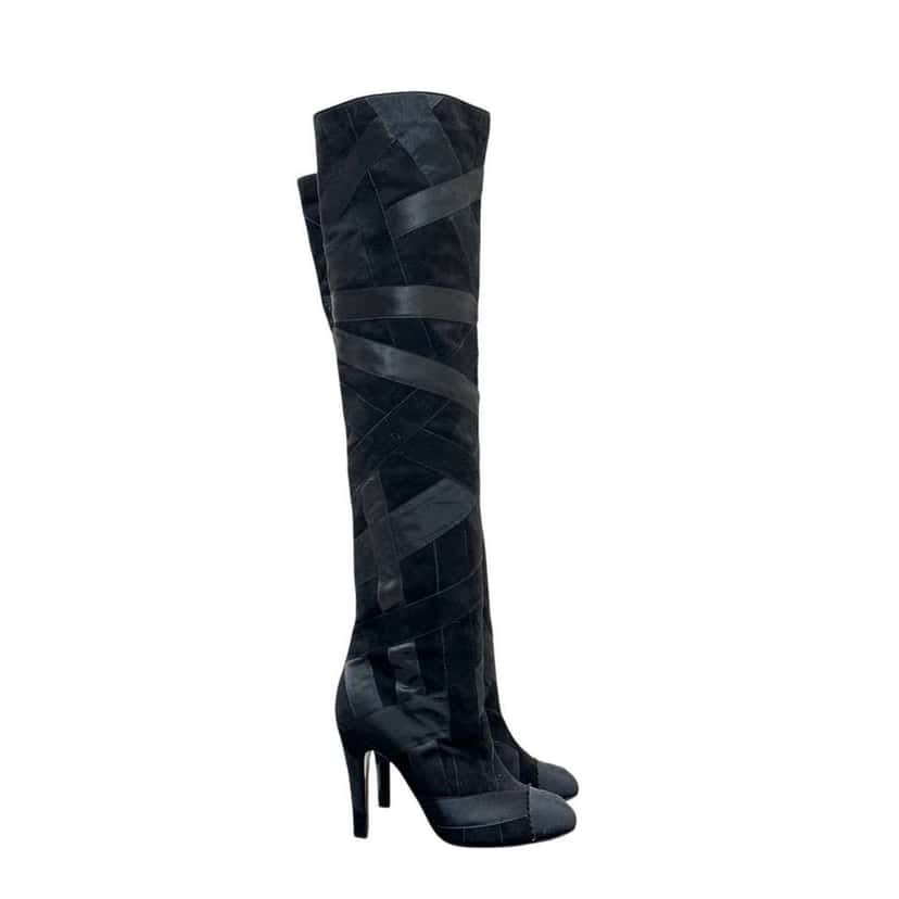 Chanel Ribbon Patchwork Over Knee Boots Black Suede Very good condition - Back View