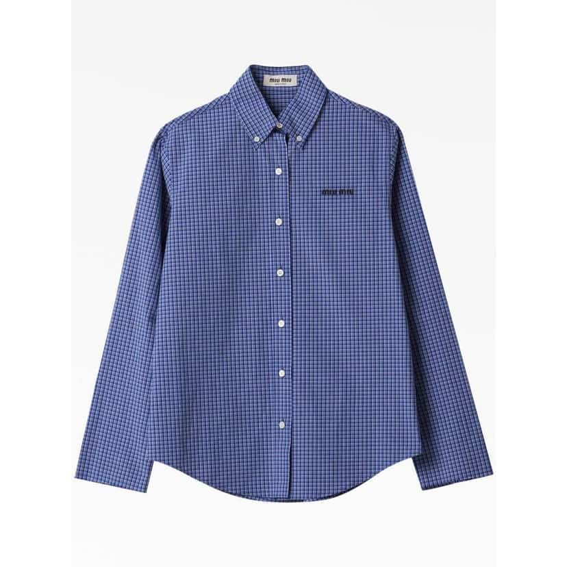 Miu Miu Check Button Down Shirt Blue Cotton Very good condition - Box View