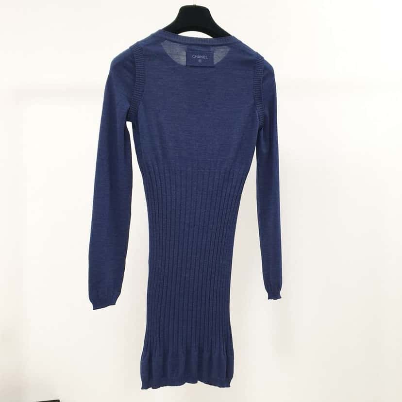 Chanel Long Sleeve Knit Dress Navy Cotton Very good condition - Back View
