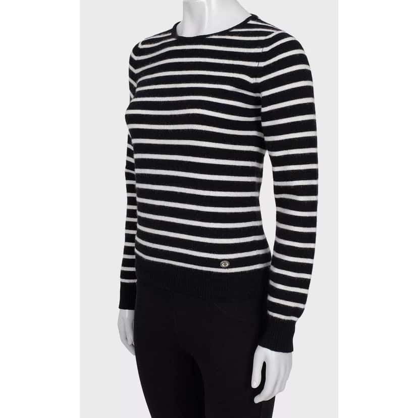 Chanel Striped Short Pile Knit Sweater Black Cotton Very good condition - Back View