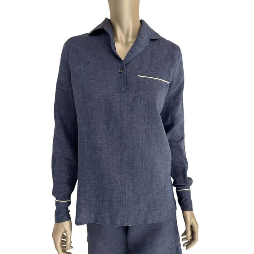 Loro Piana Shirt Shorts Set Blue Linen Very good condition - Model View