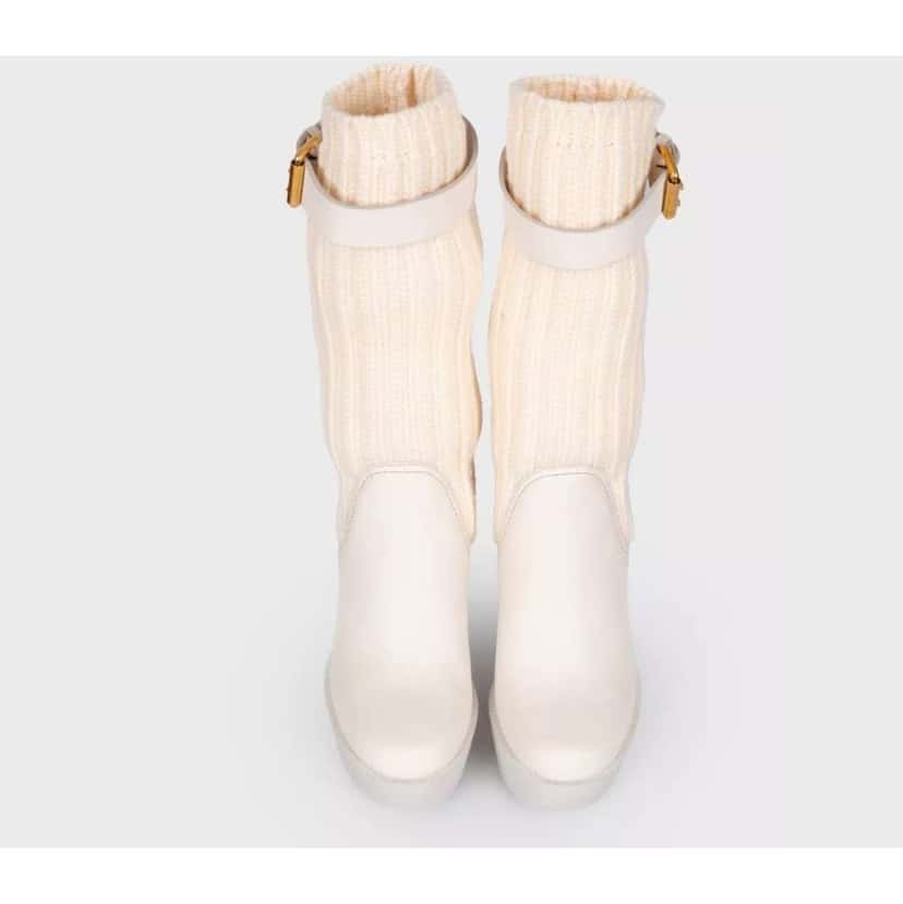 Gucci Fabric Buckle Wedge Sock Boots Beige Leather Very good condition - Back View