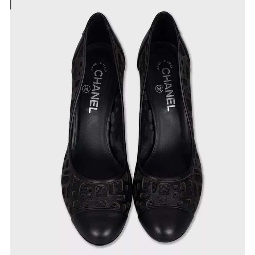 Chanel Perforated Mesh Block Heel Pumps Black Leather Very good condition - Back View