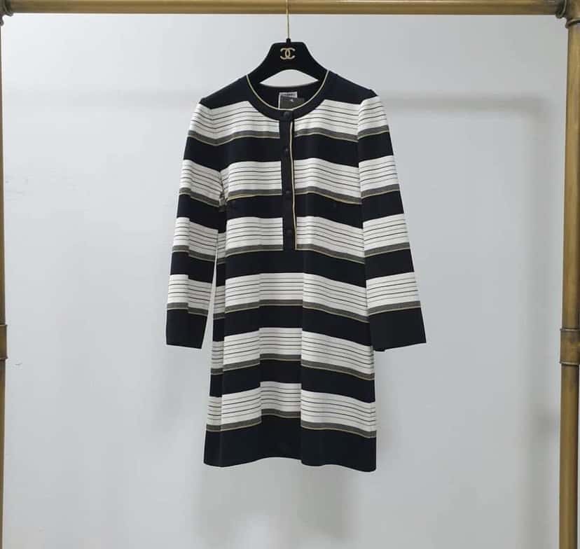 Chanel Striped Tunic dress Casual Dress Black Silk Very good condition - Box View