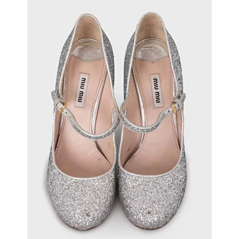 Miu Miu Glitter Block Heel Shoes Silver Leather Good condition - Back View