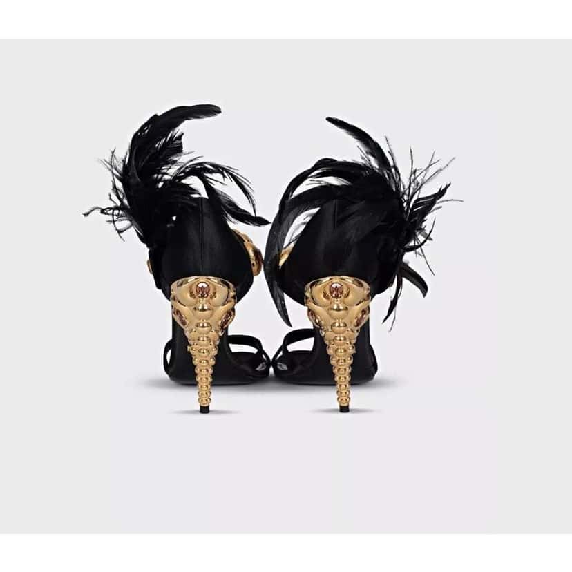 Prada Feather Trim Embellished Sandals Black Leather Very good condition - Back View