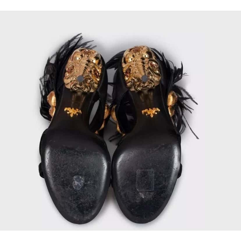 Prada Feather Trim Embellished Sandals Black Leather Very good condition - Inside View