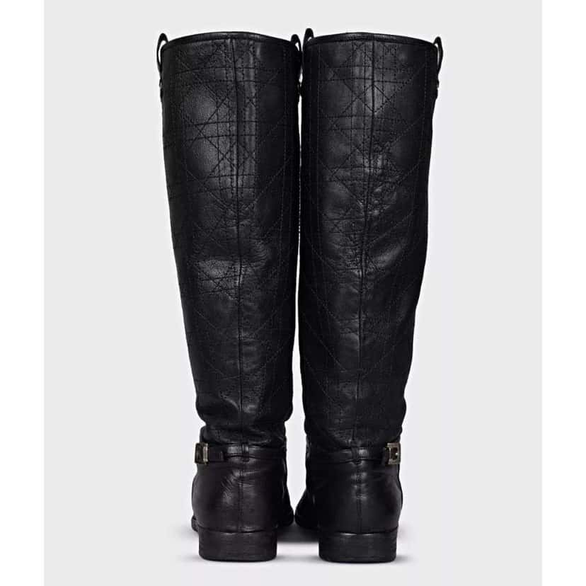 Dior Christian Quilted Flat Boots Black Leather Very good condition - Model View