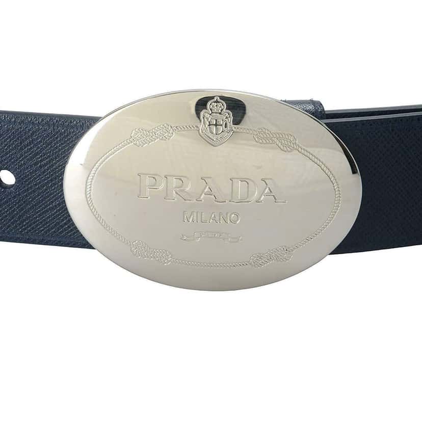 Prada Prada Mens Navy Saffiano Leather Belt  Silver Oval Buckle Belt Size 90/36 Blue Never worn, with tag - Model View